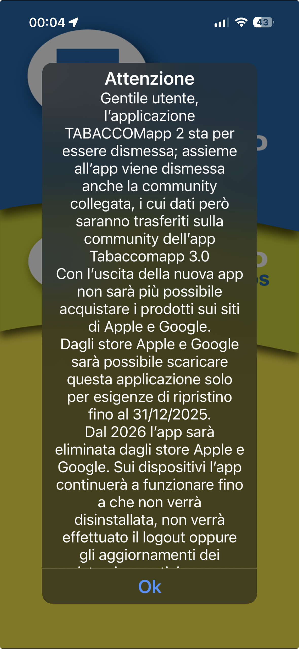 Screenshot dell'avviso che appare sullo smartphone, riguardante la dismissione della vecchia app.
